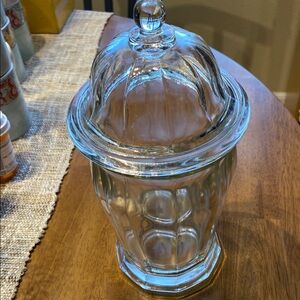 Vintage apothecary jar with  domed lid Indiana glass 12”x 5.5 “. 4.5 pounds